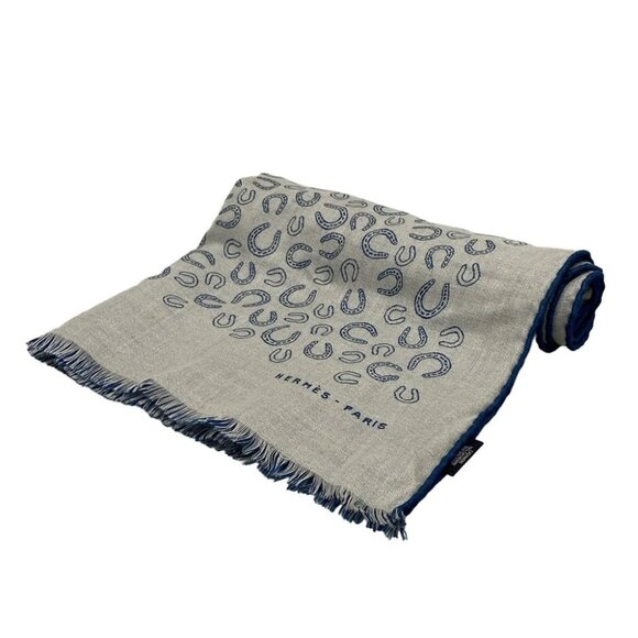 Auth HERMES - Light gray Navy Cashmere Silk Scarf - Picture 1 of 7